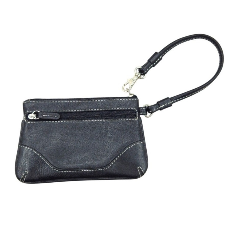 Black Leather Wristlet Wallet with Contrast Stitching and Red Lining
